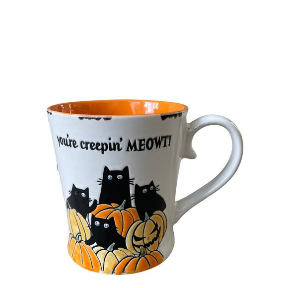 Spectrum Designz Black Cats Pumpkins YOU'RE CREEPING MEOWT! Halloween Mug NEW - Picture 5 of 13